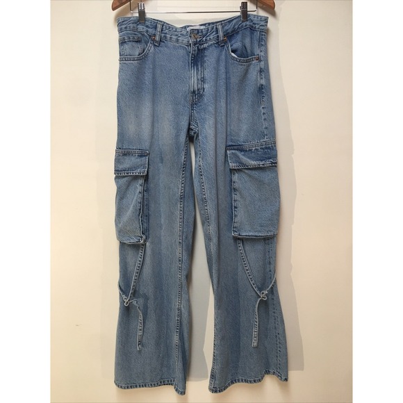 Zara Women 8 Jeans Blue Denim Cargo Wide Leg 100% Cotton Boho Hippie Streetwear - Picture 1 of 16